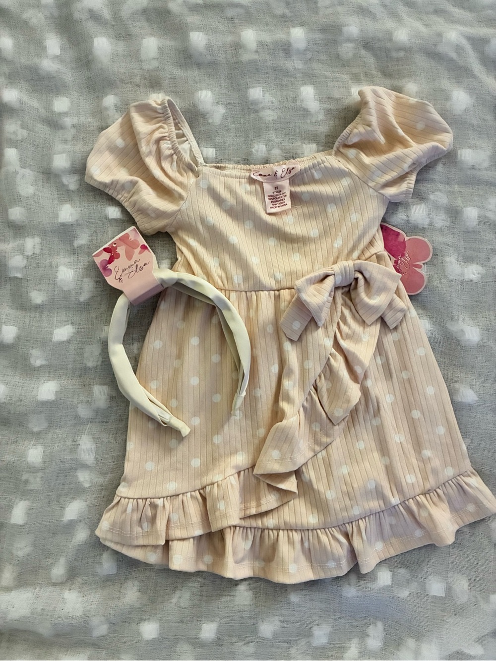 Polka Dot Puff-Sleeve Kids Dress with Side Bow - Cream